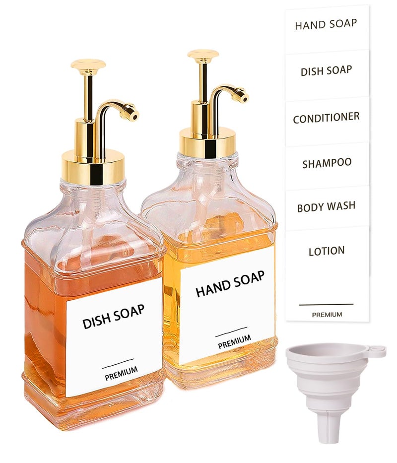 Hoousuper Dish Soap Dispenser for Kitchen, Hand Glass Soap Dispenser Set with Pump, Funnel for Bathroom, Shower, Laundry, Liquid, Lotion (Gold 2 Pack 18 Oz Clear Bottles with 12 Stickers) - Image 1